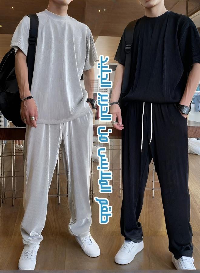طقم قميص تي شيرت رجالي بمقاس كبير ومريح مع شورت قابل للتمدد وتصميم أنيق وجريء - Image 3